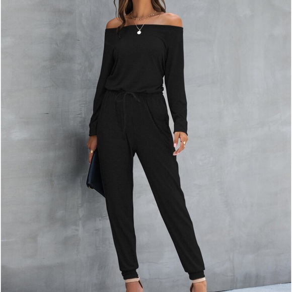 Classic Elegant Asymmetrical Neck Long Sleeve Knot Tie Waist Tee Jumpsuit - Picture 3 of 11